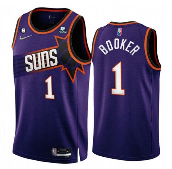 Men's Phoenix Suns #1 Devin Booker 2022/23 Purple 75th Anniversary Icon Edition With NO.6 Patch Stitched Jersey Men's Phoenix Suns #1 Devin Booker 2022/23 Purple 75th Anniversary Icon Edition With NO.6 Patch Stitched Jersey